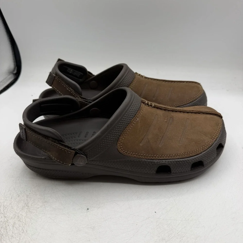 Crocs Yukon Mesa Clog Mens Sz 9 Espresso Brown Leather Adjustable Strap Shoes